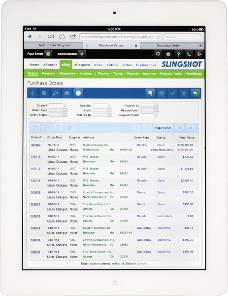 screenshot of Slingshot Enterprise Business Suite